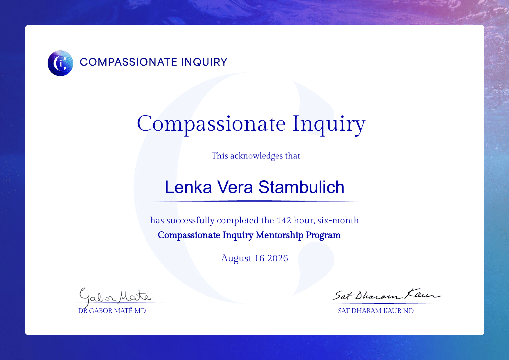 Certifikát Lenky Věry Stambulich – Mentorship